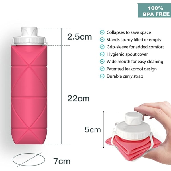 Kokoontaitettavat vesipullot tiivis venttiili uudelleen käytettävä BPA-vapaa silikoni taitettava vesipullo - vaaleanpunainen