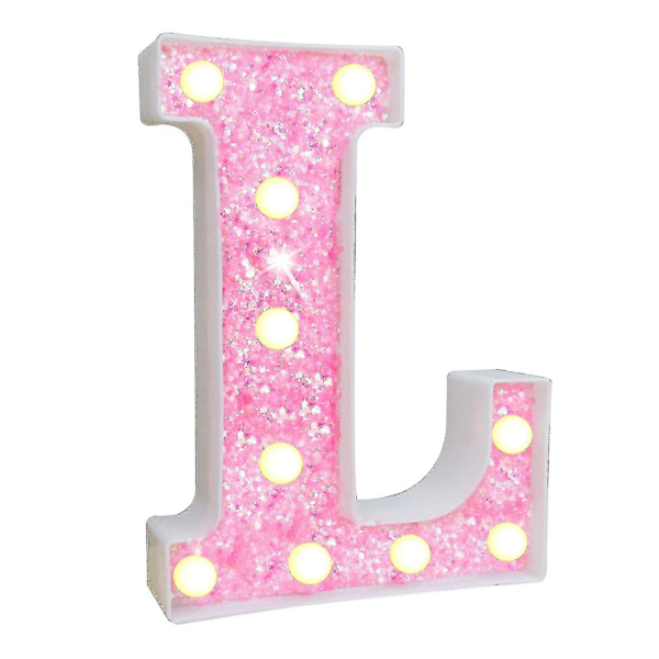 LED-bogstavlys med glitter, glitrende alfabet-skilt med ophængningshul, nattelys, fest, bryllup, boligindretning, LED-lys [DB] L