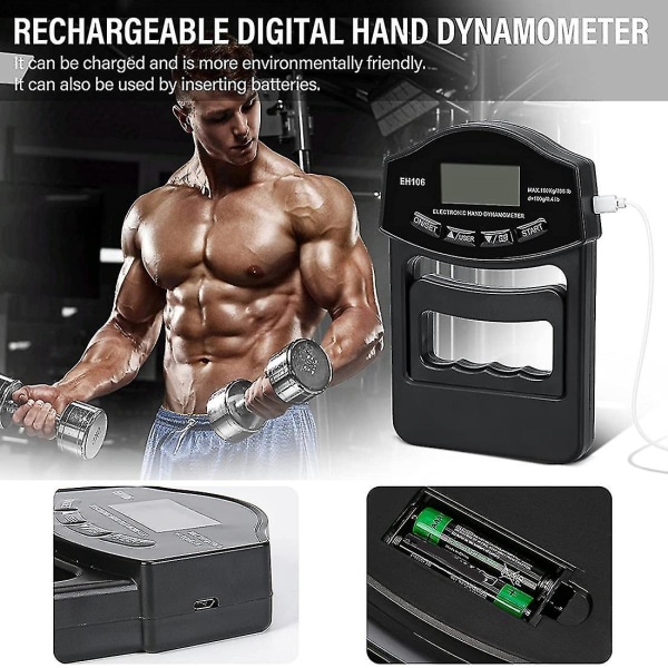 Kahvan puristusvoiman testaaja, 396lbs/180kg Digitaalinen käsi dynamometri Kahvan puristusvoiman mittari Usb Lcd-näyttö Käden puristusvoiman dynamometri [DB]