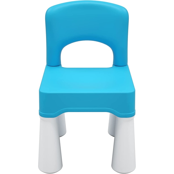 Barnestol i plast, slitesterk og lett, høysete, innendørs eller utendørs, egnet for gutter og jenter fra 2 år