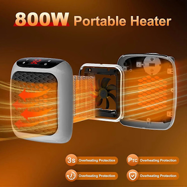 Bærbar Varmeovn, 800W Keramisk Plug-in Varmeovn, Elektrisk Vifteovn med Fjernkontroll, 12H Timer, LED-Display, 2 Varmeinnstillinger Db