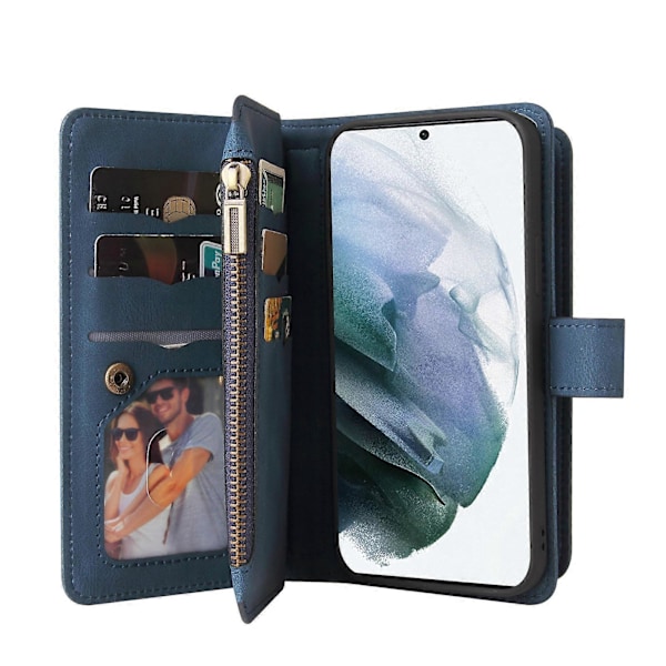 Plånboksdesign PU Läder 15 Kortplatser TPU Telefonskal Fodral för Samsung Galaxy S22 Ultra 5G [DB] Blue
