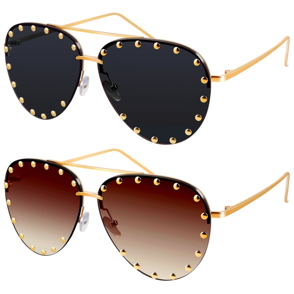 2 delar Kvinnor Båglösa överdimensionerade dubbade solglasögon Gradient Lens Nit Fashion