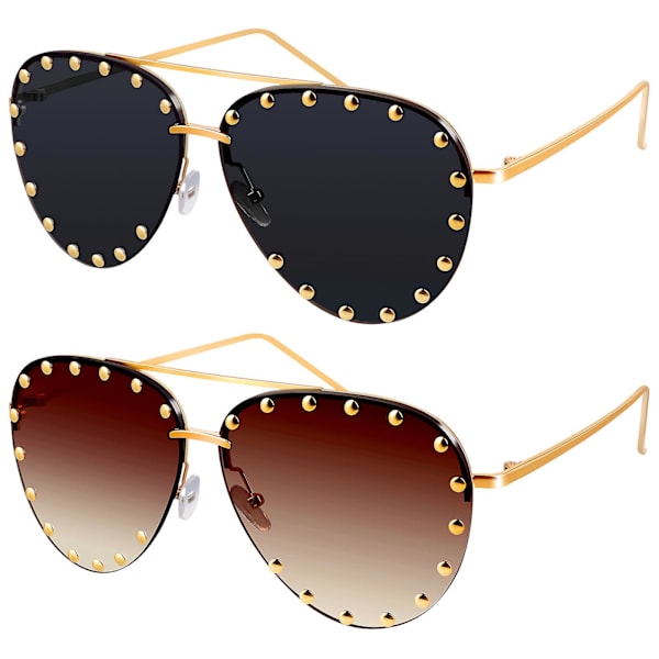 2 stk. Kvinde Rimless Oversized Studded Solbriller Gradient Linse Nitte Mode