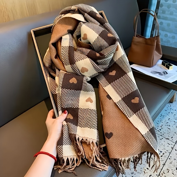 Stiligsk Hjertemønstret Dame-Sjal - Varmt, Vindtett Polyester Sjal for Kveldsdatoer & Bursdagsgaver, Perfekt Høst/Vinter Tilbehør db Khaki