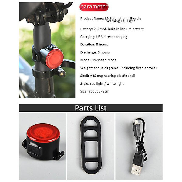 Mini LED-baklykta för cykel, USB-laddningsbar, IPX6 vattentät, säkerhetsvarningslampa för cykling, hjälm, ryggsäck {DB} 1