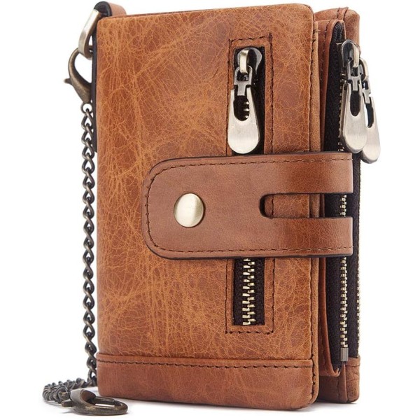 RFID-blockerande trefaldiga plånböcker för män, myntplånbok med dubbla blixtlås med stöldskyddskedja.