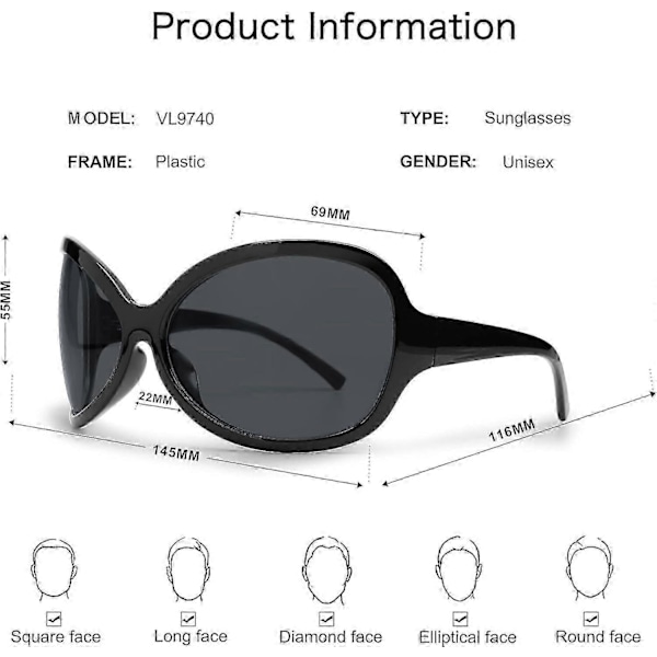 70'er Oversized Retro Solbriller Kvinder Mænd Mode Wraparound Store Solbriller Retro Cool Ovale Solbriller [DB]