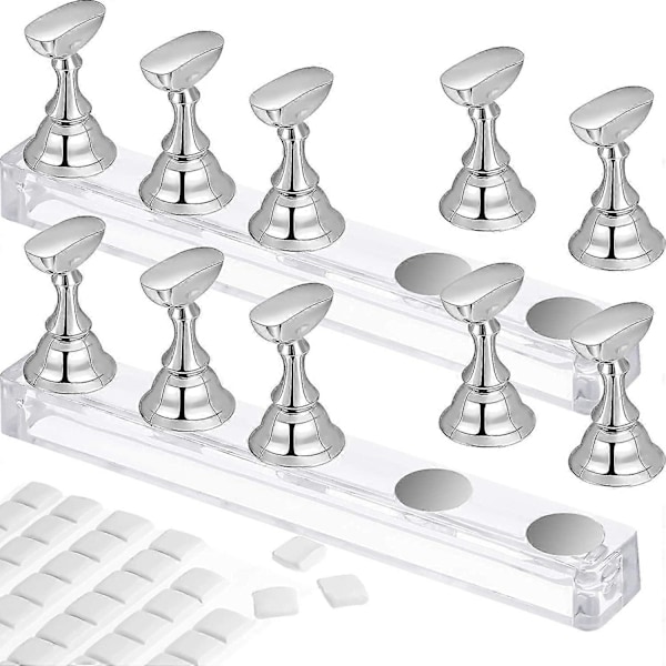 2 Set Akryl Nagelkonst Övningsställ Magnetiska Nagelspetshållare Tränings Fingerneglar Displayställ Gör-det-själv Nagel Kristallhållare [DB] Silver