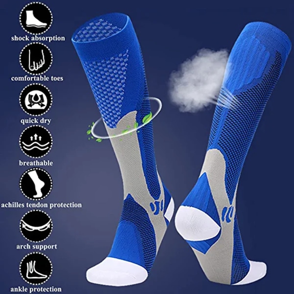 2 Pairs of Compression Socks Men's and Women's Cycling Socks Soccer Socks Outdoor Sports S/M Blue