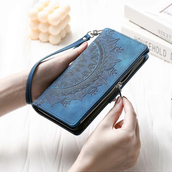 Stil 006 Lommebokdeksel i PU-lær med Mandala-blomstermønster til iPhone 16e [DB] Multicolor Blue