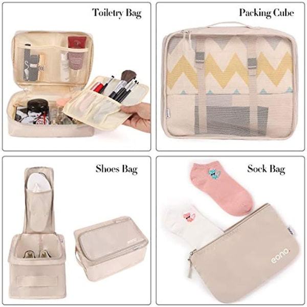 Eono 8 stk. pakkekuber for koffer - Lettvekt bagasjepakningsorganisatorer - Beige DB Black