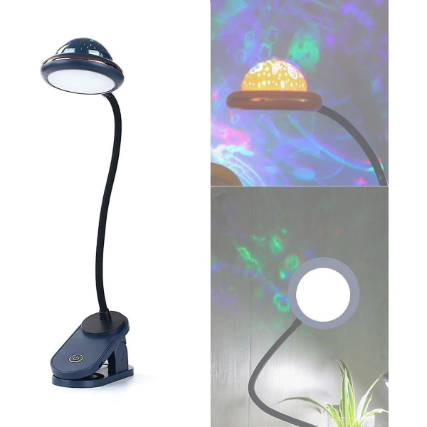 Klämlampa för barn, USB uppladdningsbart ledklämma läsljus med stjärnprojektion, svanhalslampa vid sängen, 360 Touch-dimming (blå)
