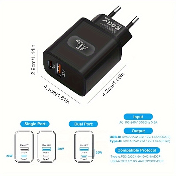 GEUMXL 40W Dual Port USB-C Seinälaturi PD 3.0 & QC 4.0:lla, Nopea Latausvirtalähde, Yleinen Yhteensopivuus iPhone, Samsung [DB] Black