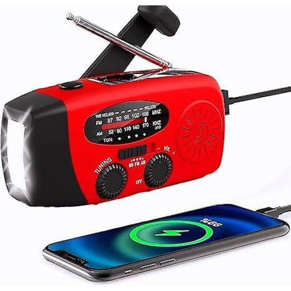 Veva Radio, Solenergi Nöd-FM AM NOAA Bärbar Radio med SOS-Alarm, LED-ficklampa, 2000mAh Powerbank USB-C Mobiltelefonladdare db Red