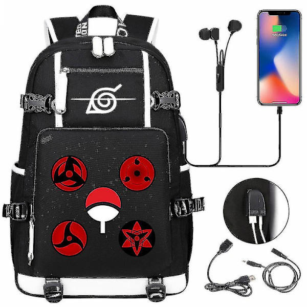 Anime Naruto Akatsuki Itachi Sharingan reppu USB-latauksella, lukiolaisille, koululaukut, tilavuus, matkalaukku, kannettava tietokone, olkalaukut DB Gold