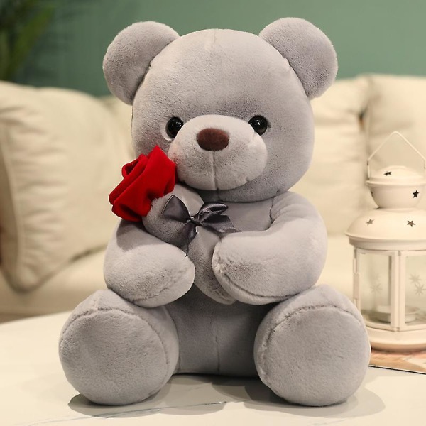 Kawaii bamse med roser Plys legetøj Blød bjørn udstoppet dukke Romantisk gave til elskeren Boligindretning Valentinsdagsgaver til piger [DB] Gray 23cm