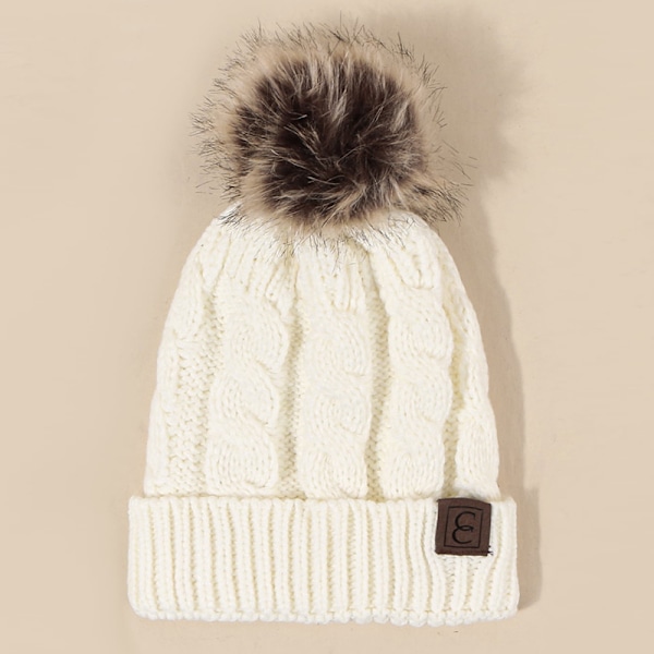 Vinter Oversized Ensfarget Kabelstrikket Pom Pom Beanie, Valentinsgave til henne db White One Size Fits All
