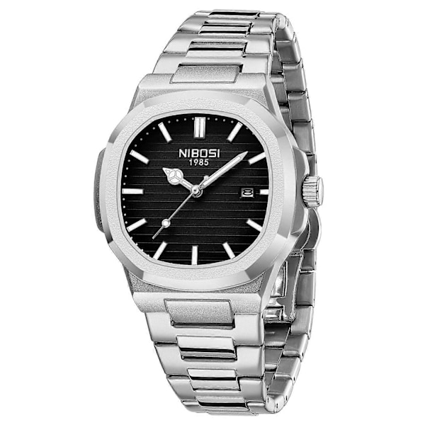 NIBOSI 2632 Stilig Herre Armbåndsur Stållenke Lysende Kalender Quartz Klokke [DB] Multicolor Silver Strap/Black Dial