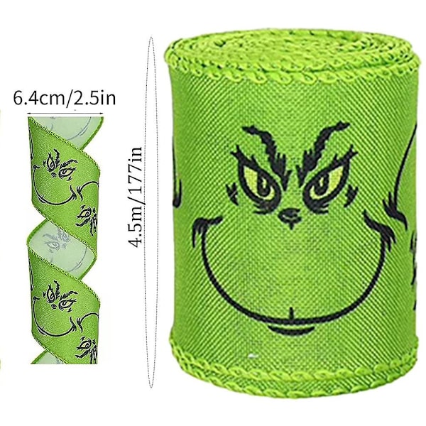 Grinch Julebånd - 4,5 m 2,5 tommer Julegave Grinchs Innpakningsbånd, Pynt til Juletre Krans Sløyfer BD D