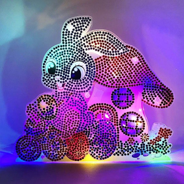 5D DIY diamantmaleri, dekorative påskepyntsett, diamantmaleri med LED-lys, kaninpåskeegggave