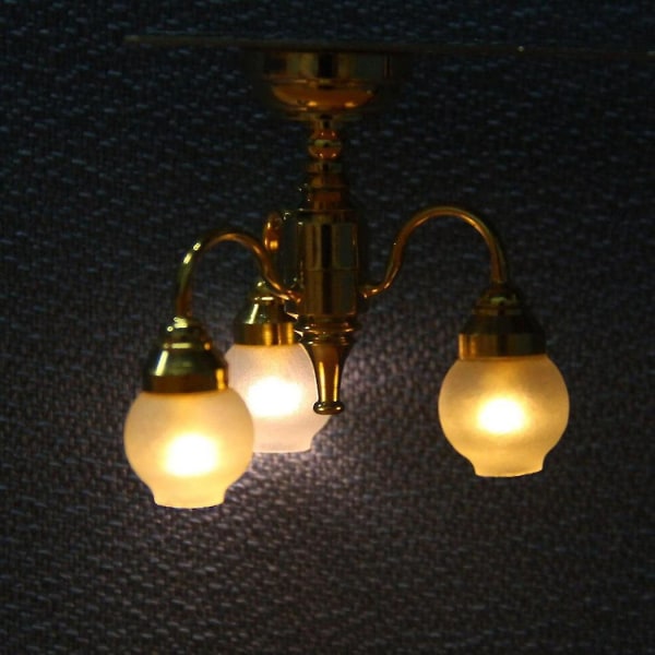2x 1:12 Dukkehus Messing Lysekrone 3 Arm Lampe Led Taklampe Glasskjerm [DB]