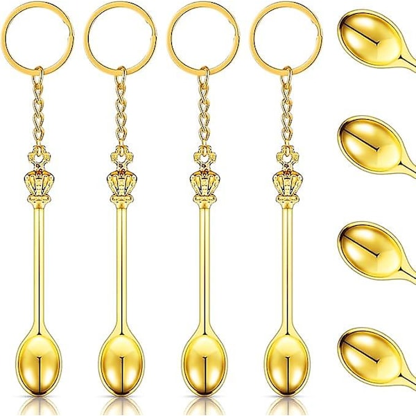 4 Pieces Mini Crown Spoon Keychain Teaspoon Pendant Necklace Key Ring Crown Teaspoon Spoon Keychain for Filling Vials (Gold) [db]