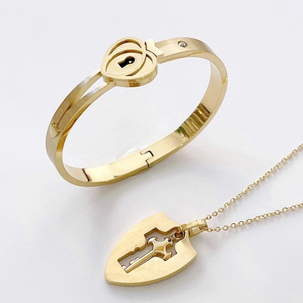 Lås Armbånd og Nøgle Halskæde Titanium Stål Par Smykker Romantisk Gave [DB] Steel color