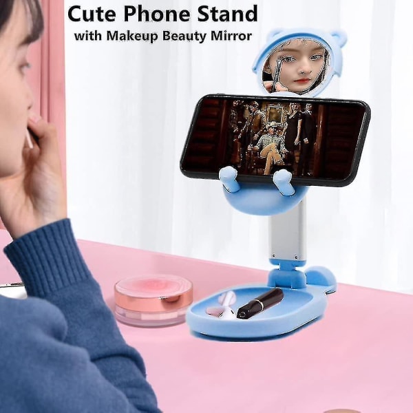Bærbar foldbar telefonholder til skrivebord, sød bjørnetelefonholder med makeup skønhedsspejl