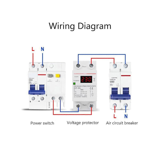 Spændingsregulator, 230V 40A Automatisk Genopretning Overspændings- og Underspændingsbeskyttelsesenhed DIN Skinnemonteret Beskytter db