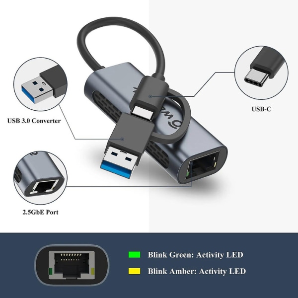 Wavlink USB-C - 2,5 gigabitin Ethernet-sovitin, tyyppi C - 2,5 verkkokortti Rj45 Lan 2,5 gbps Usb3.0-muunnin Windows Mac Os X db NWU327G