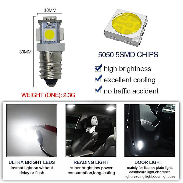 10 st E10 12v Kallt vitt LED-lampor 5smd 0,5w 50lm Lampcool Vitt Db