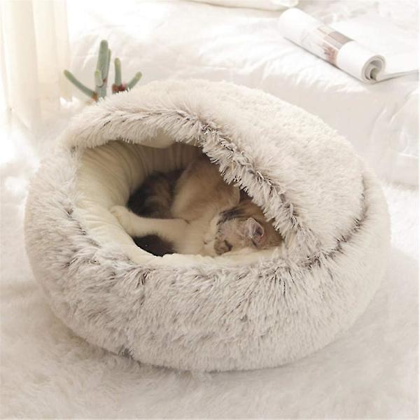 Fluffy katteseng, rund, blød plys, hule med hætte, katteseng