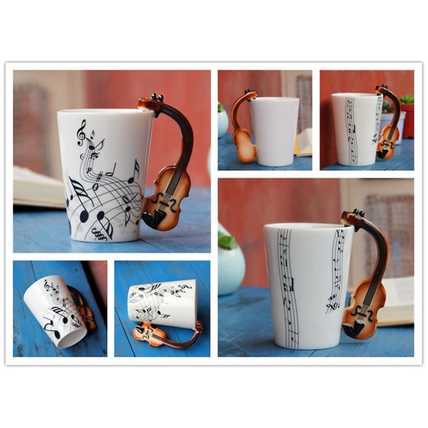 Nyhet Fiol Handtag Keramisk Kopp Fri Spektrum Kaffe Mjölk Te Kopp Personlighet Mugg Unik Musikalisk [DB] as shown