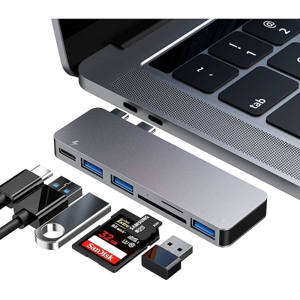 USB C Hub Adapter för Macbook Pro/air 2020 2019 2018, 6 i 1 Usb-c-tillbehör som är kompatibla med Macbook Pro 13 och 15 med 3 USB 3.0-portar, Tf/sd-kort
