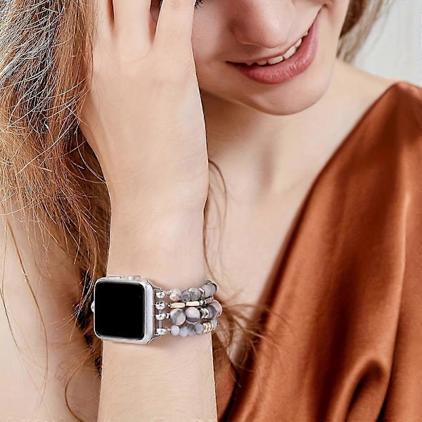 40mm/38mm/41mm Natursten Boho Chic Krystal Perlebesat Elastisk Urrem - Kompatibel med Apple Watch Series 9/8/7/SE/6/5/4/3/2/1 - Håndlavet [DB] Light Blue