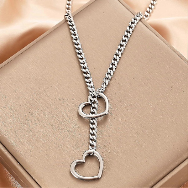 Hjerte O-ring Slip Chain Halskæde til Kvinder Rustfrit Stål Cuban Chain Hjerte Halskæde Punk Rock Krave Halskæde Håndlavet Justerbar Lariat Y DB Silver