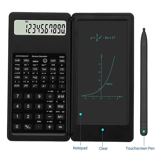 Vetenskaplig miniräknare 10-siffrig LCD-skärm Teknisk miniräknare med skrivplatta för gymnasiet och högskolan Svart