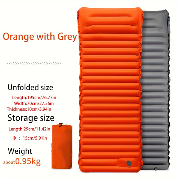 Laajennettu ja leveämpi paksuuntunut jalkailmapatja, kannettava ja erittäin kevyt ilmatäytteinen makuualusta ulkoiluun, retkeilyyn [DB] Orange With Gray On The Back