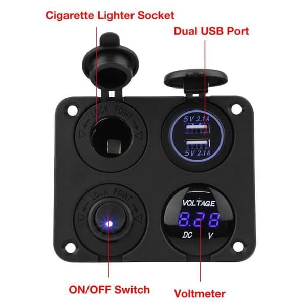 Vippebryter - 4 paneler - Dobbel USB-lader - Blå LED voltmeter - IP65 vanntett Blue, Green