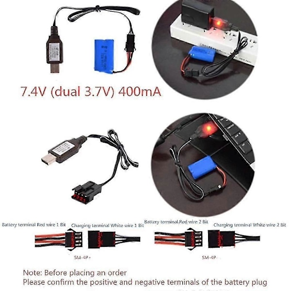 Li-ion Batterioplader til Elektriske RC Legetøjsbiler Båd - 7.4V 3.7V X2 - USB Kabel Inkluderet [DB]