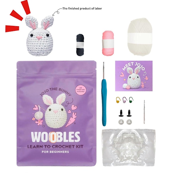 Woobles Virkkaa Opi Virkkaamaan -aloituspakkaus, Virkattu Täytetty Eläin DIY Virkkauspakkaus Aloittelijoille [DB] Rabbit