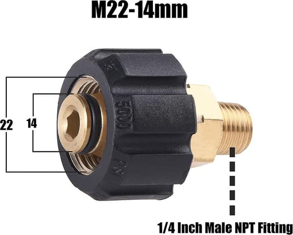 Adapter til højtryksrenser, hun M22 til 1/4 tommer han NPT-fitting, 5000 PSI db