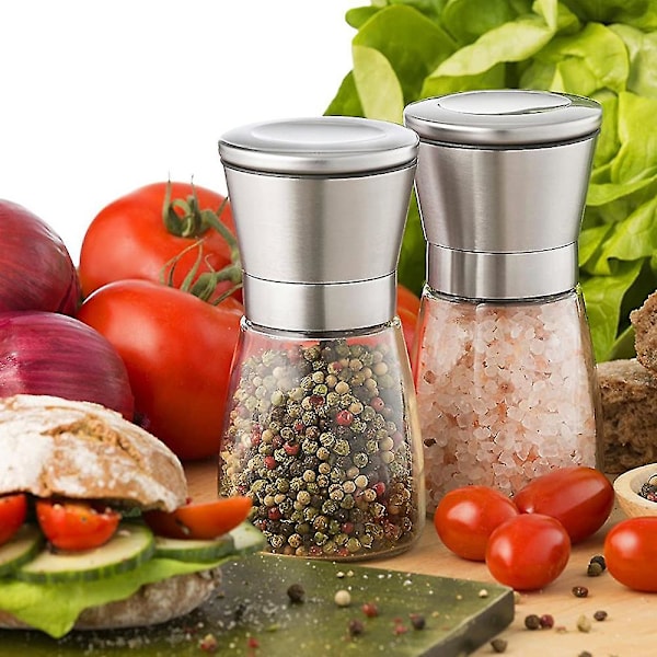2-delad set Premium Rostfritt Stål Salt- och Pepparkvarn Justerbar Keramisk Havssaltkvarn Pepparkvarn [DB] 2pcs Short
