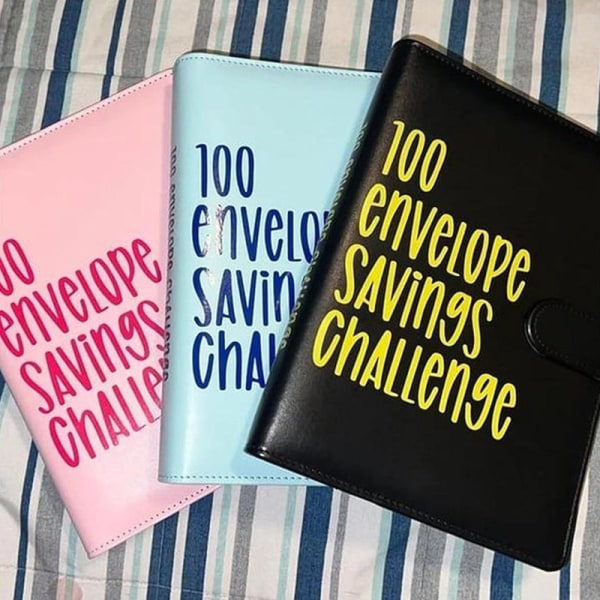 100 Envelope Challenge Binder, 2023 Uusi Säästöhaastekansio, Säästökirja käteiskirjekuorilla, helppo ja hauska tapa säästää 5 050 dollaria db Blue