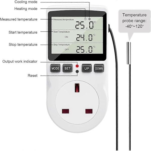 Digital Termostat, 230V Temperaturregulator Stikkontakt, 13A Timer Switch Stik med Sensor til Reptil Drivhus Hjemmefermentering db EU