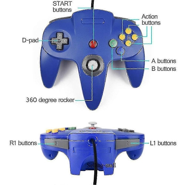 2-pak Klassisk Kablet N64 Controller Retro Spil 64-bit Gamepad Joystick Erstatning [db] 01 1pc