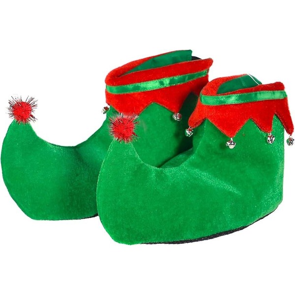 Red Green Elf Shoes - Red And Green Velvet Holiday Elf Feet Tofflor med jingle Bells för vuxna och barn
