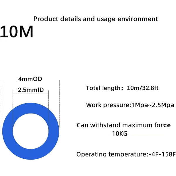 Pneumattinen ilmaletkusarja - Sininen 4mm Od polyuretaaniletku, 10m liittimillä