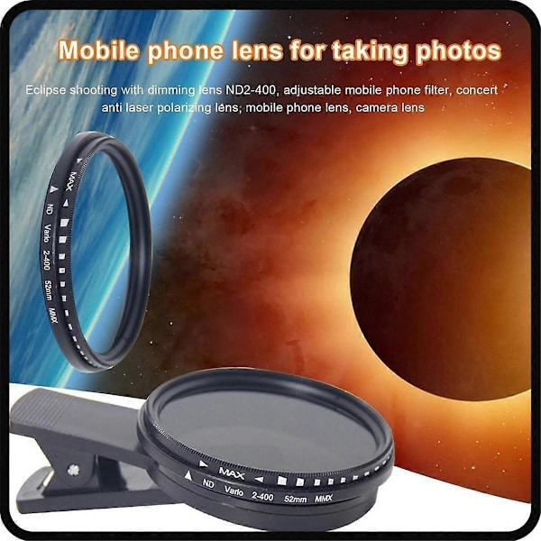 1 Set Solförmörkelse Telefonfilter 52mm Kameralinsfilter ND 2-400 Smartphone Linsfilter med Klämma [DB] Black